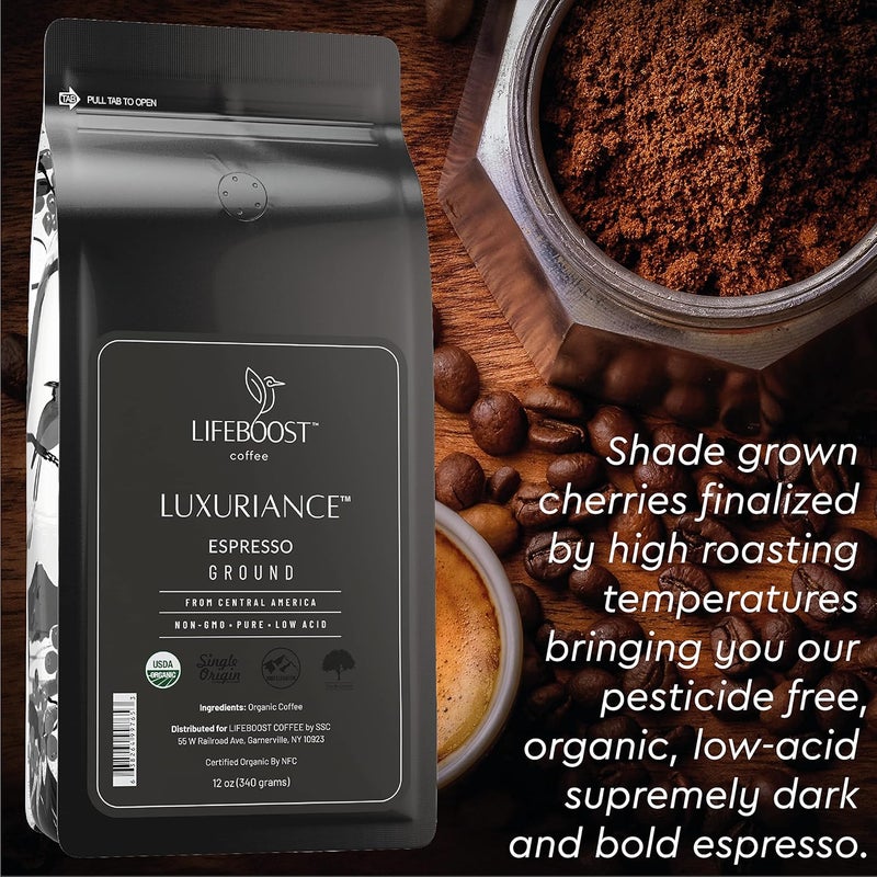 Lifeboost Luxuriance Espresso Ground Coffee - Non-GMO, Low Acid, USDA Organic, 12oz - Image 2