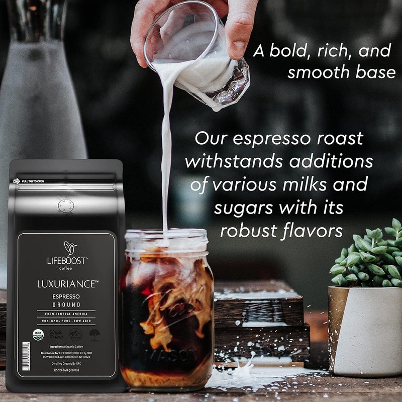 Lifeboost Luxuriance Espresso Ground Coffee - Non-GMO, Low Acid, USDA Organic, 12oz - Image 3