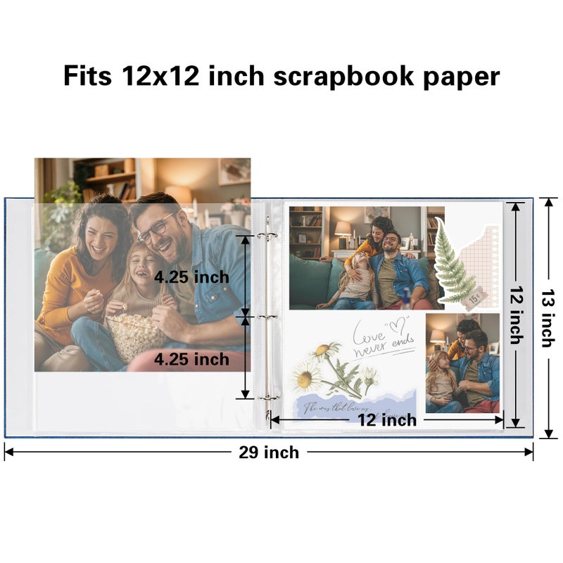 Vienrose 12x12 Inch Large 3 Ring Binder Scrapbook Photo Album, Linen Cover DIY Scrapbooks with 30 Sheets Plastic Sleeves 60 Pages Blank White Inner Pages for Wedding Birthday Baby Travel Blue - Image 2