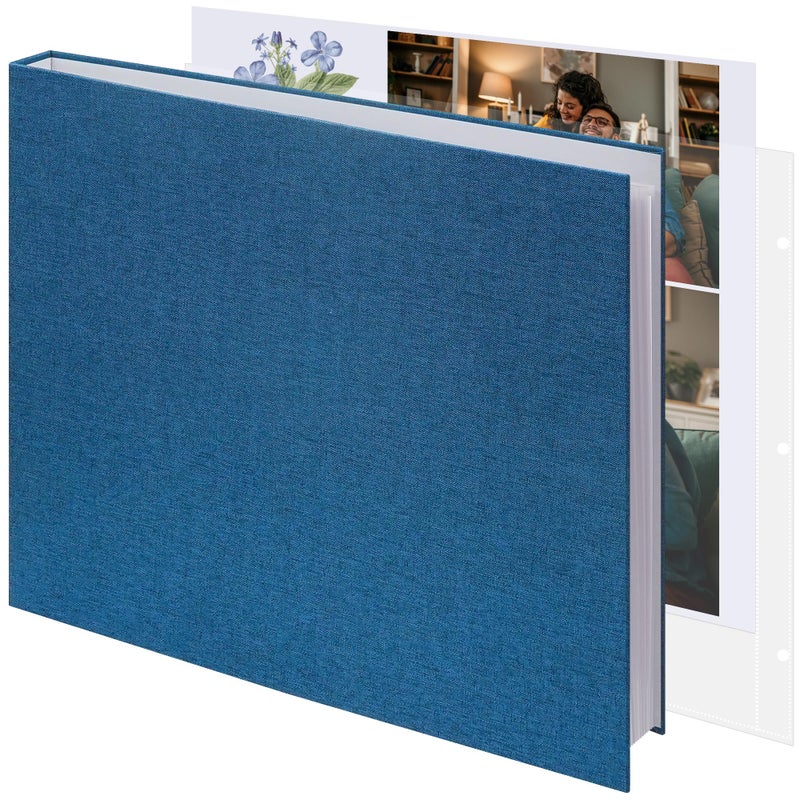 Vienrose 12x12 Inch Large 3 Ring Binder Scrapbook Photo Album, Linen Cover DIY Scrapbooks with 30 Sheets Plastic Sleeves 60 Pages Blank White Inner Pages for Wedding Birthday Baby Travel Blue - Image 1