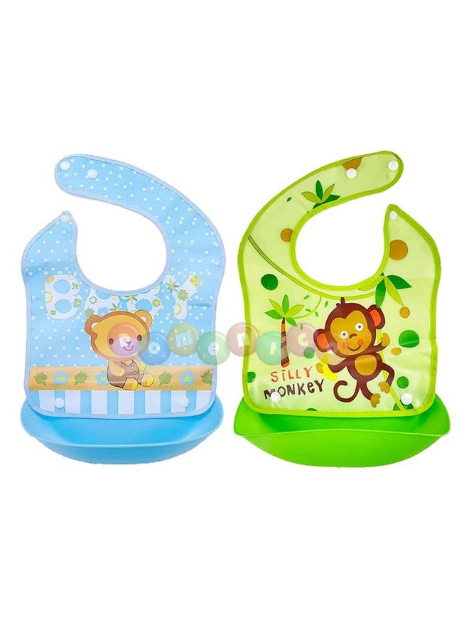 DOMENICO Baby Silicon Bib;Apron For Feeding Infants And Toddlers With Detachable Food Catcher Waterproof (Random Colours And Prints) (Pack Of 2) - Image 2