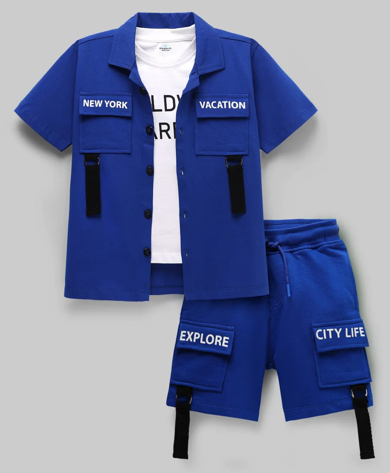 Ollington St. Ollington St. Cotton Knit Half Sleeves Text Printed Shirt with Inner Tee & Shorts - Royal Blue & White