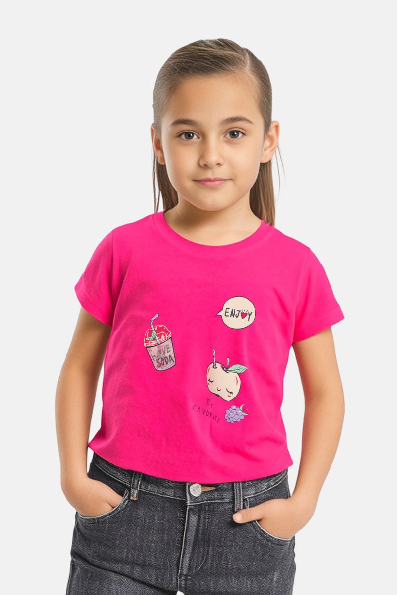 NAME IT تي شيرت قصير الأكمام للبنات، لون وردي داكن مع طباعة جرافيك - Image 1