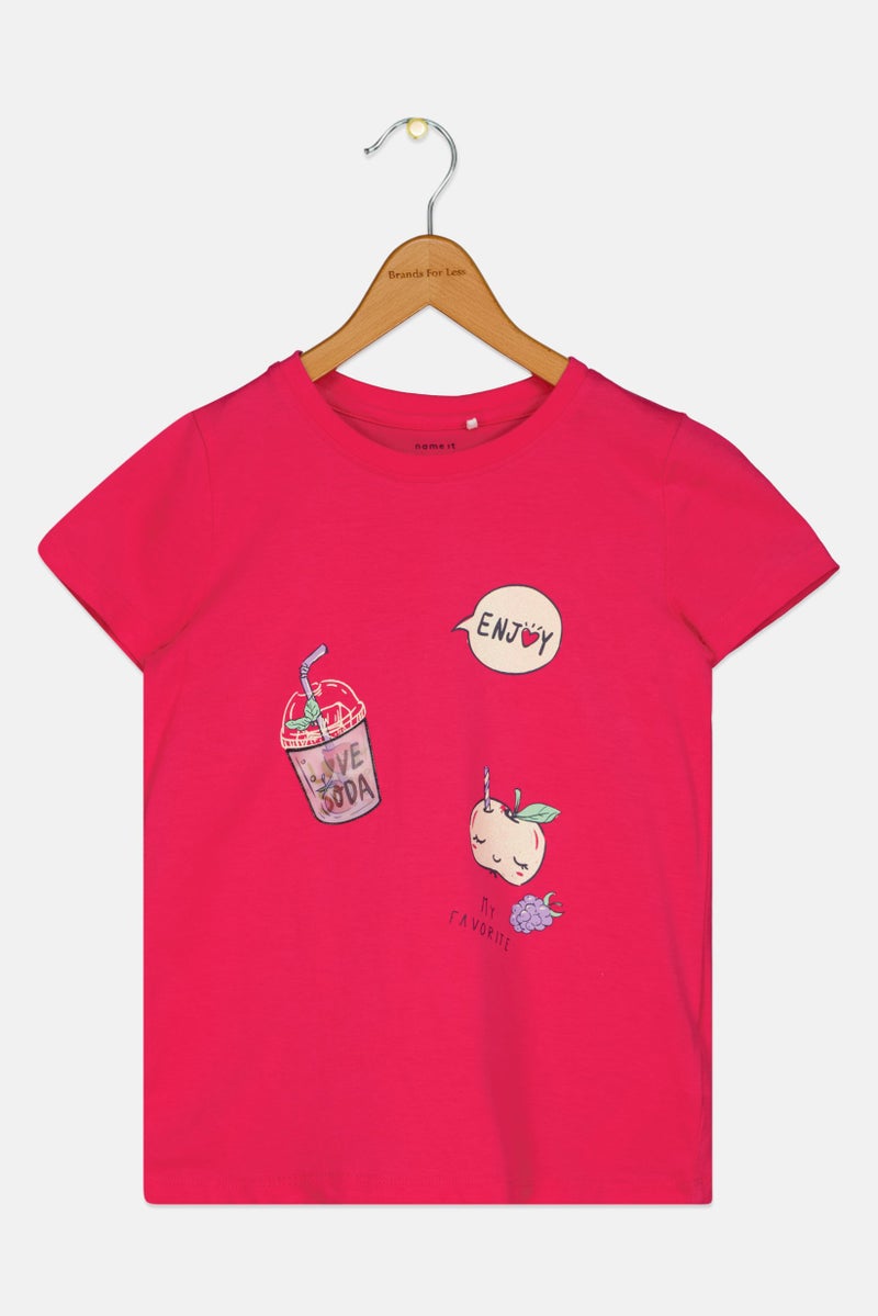 NAME IT تي شيرت قصير الأكمام للبنات، لون وردي داكن مع طباعة جرافيك - Image 2