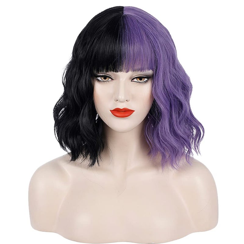 Short Wig With Bangs Wig for Women Heat Resistant Synthetic Hair Wig Cosplay Party Wig Black and Purple