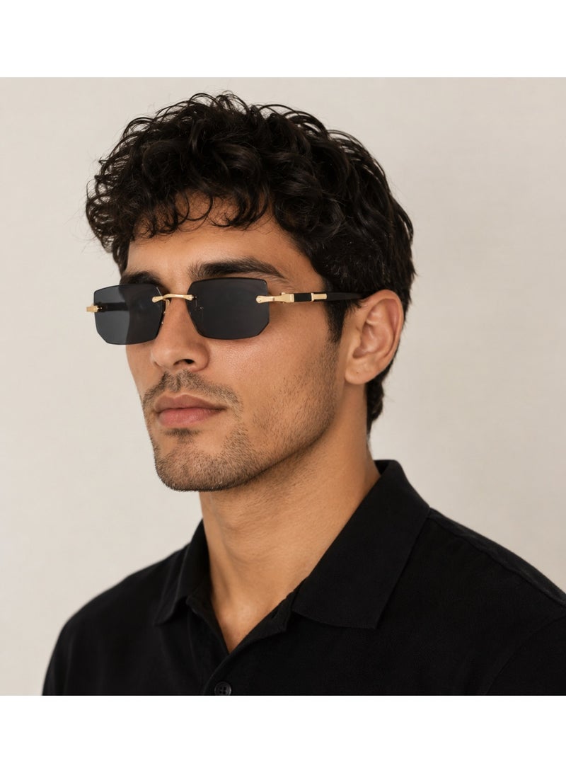 QUALITY Rimless Trendy Rectangle Sunglasses for Men & Women – Black Dark Lens, Gold Metal Frame, Stylish UV Protection Shades - Image 1