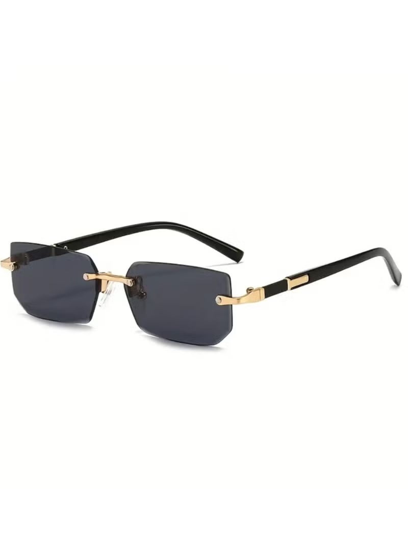 QUALITY Rimless Trendy Rectangle Sunglasses for Men & Women – Black Dark Lens, Gold Metal Frame, Stylish UV Protection Shades - Image 2