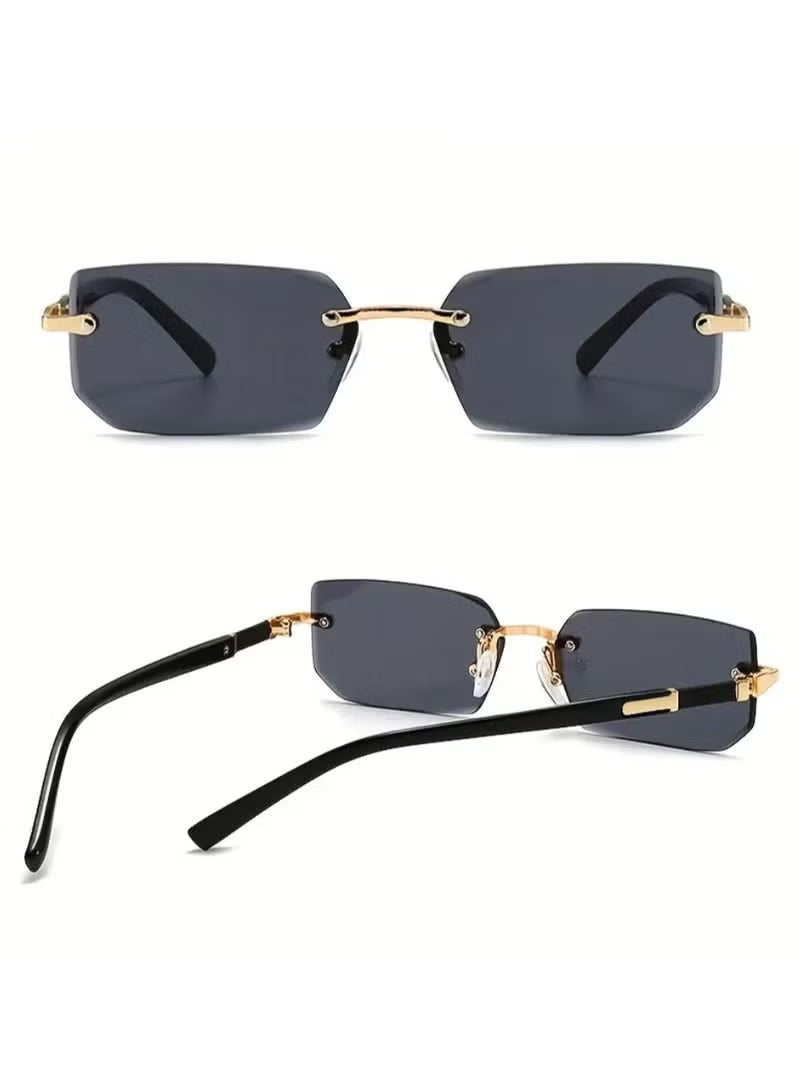 QUALITY Rimless Trendy Rectangle Sunglasses for Men & Women – Black Dark Lens, Gold Metal Frame, Stylish UV Protection Shades - Image 3