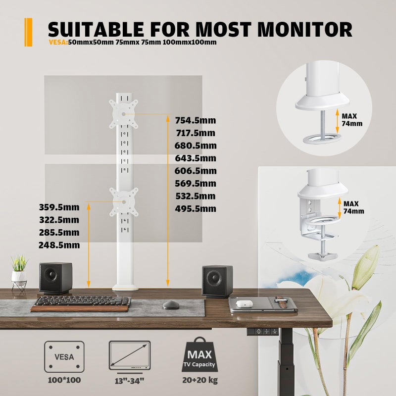 Hemudu Dual Monitor Articulating Desk Mount Arm Stand - Vertical Stack Screen Supports Two 13 to 34 Inch Computer Monitors with C Clamp White - Image 5