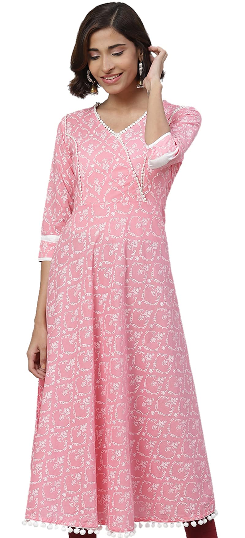 Yash Gallery Women's Cotton Floral Print Anarkali Kurtis (Light Pink) - Image 1