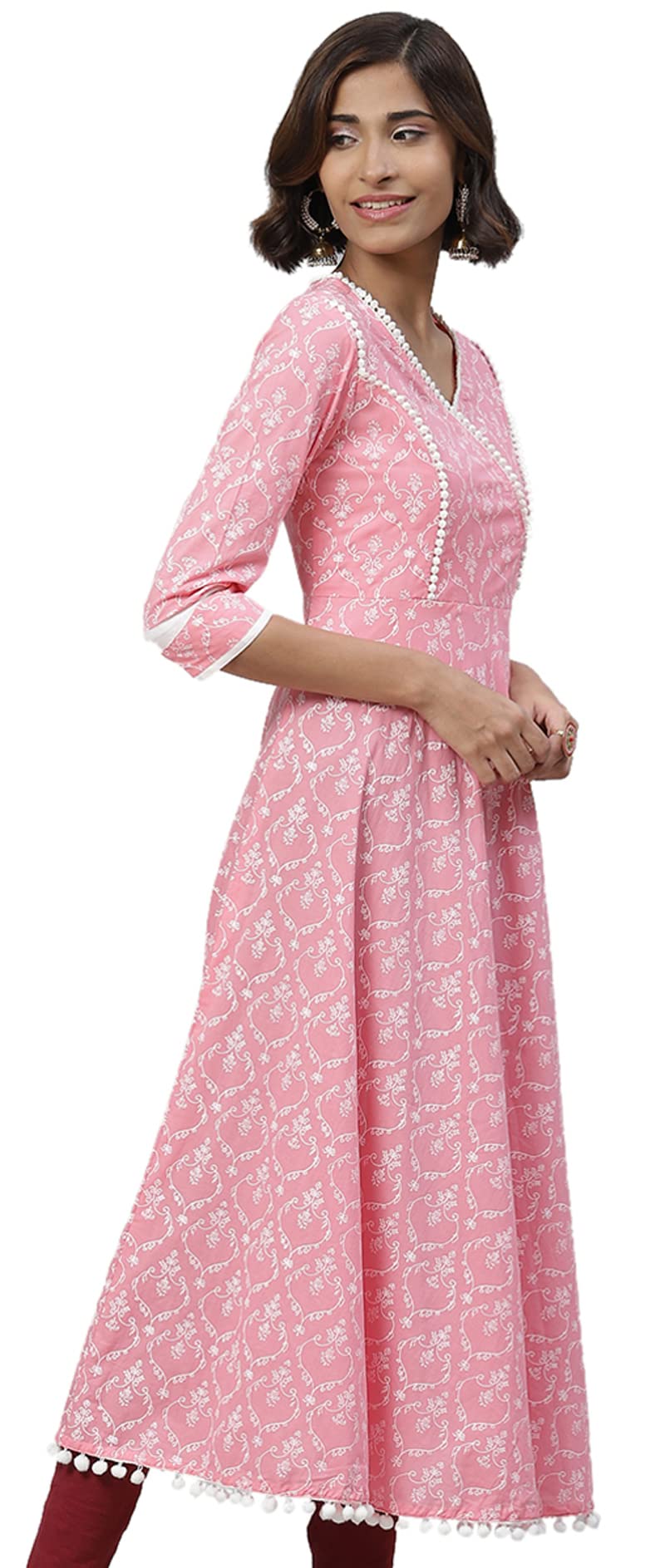 Yash Gallery Women's Cotton Floral Print Anarkali Kurtis (Light Pink) - Image 2