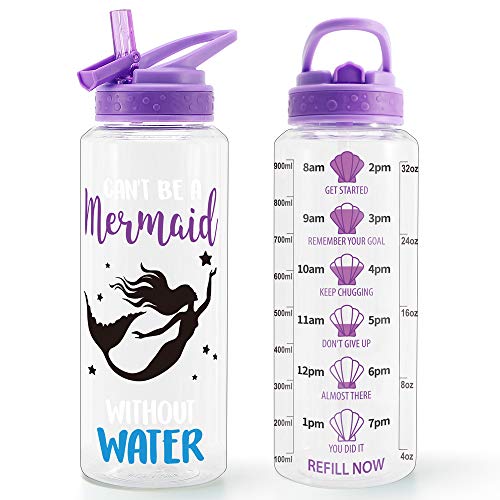 Home Tune 32oz Motivational Water Bottle with Straw & Time Marker, BPA FREE, Dustproof Flip Straw, Leak Proof, Easy Clean (Mermaid) - Image 1