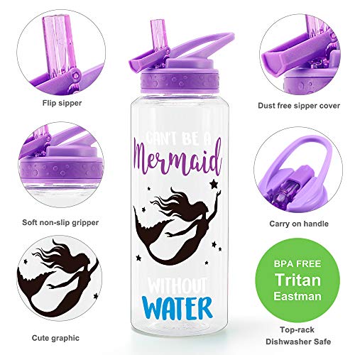 Home Tune 32oz Motivational Water Bottle with Straw & Time Marker, BPA FREE, Dustproof Flip Straw, Leak Proof, Easy Clean (Mermaid) - Image 2