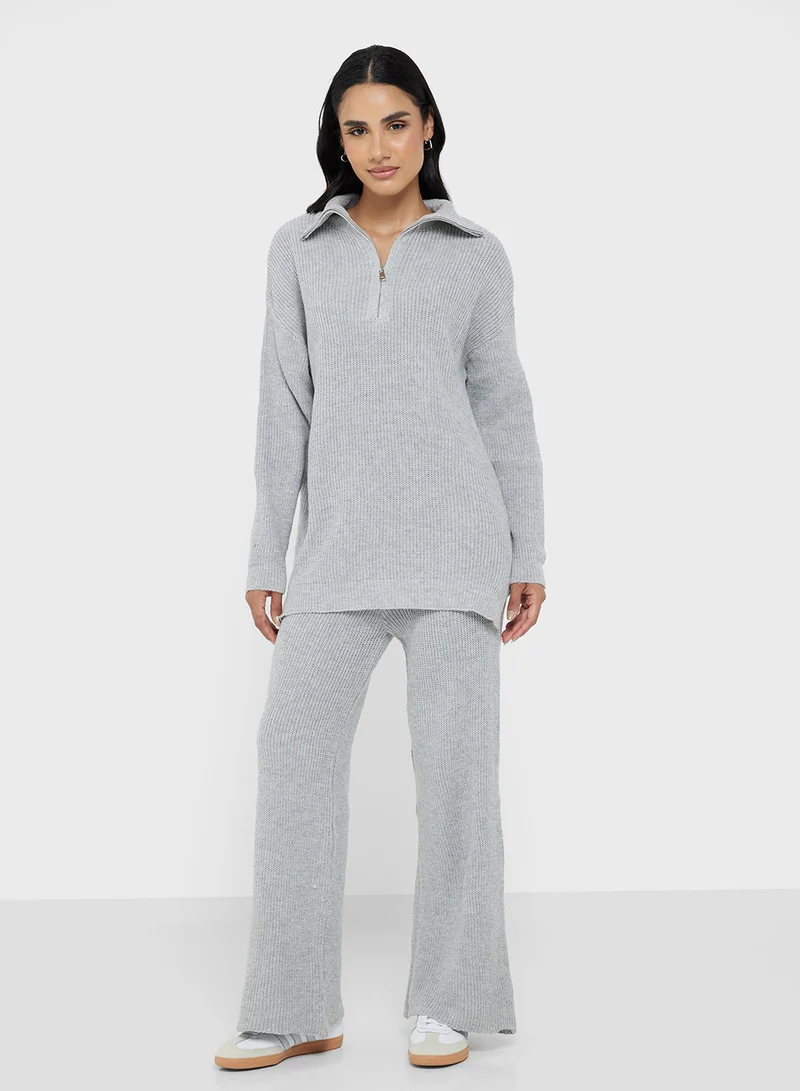 جينجر بيسيكس Zip Up Fine Knit Top & Pant Coord Set