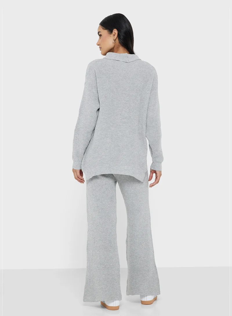جينجر بيسيكس Zip Up Fine Knit Top & Pant Coord Set