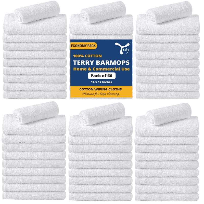 YRALY Terry Bar Mop Towels (Pack of 60) â€“ Absorbent and Quick Drying Commercial-Grade Cotton Cleaning Towels, Cleaning Rags for Kitchen, Bar â€“ Reusable Shop Rags 14â€x17â€ White - Image 1