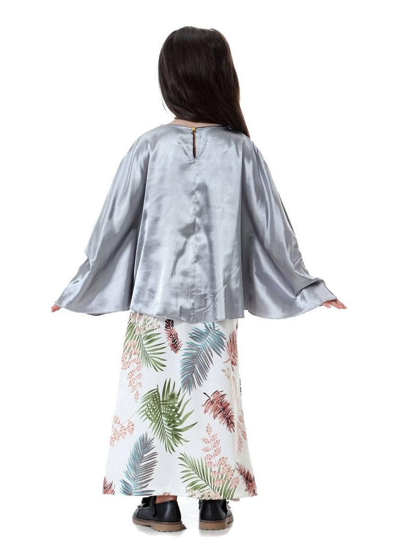 Loquat Girl's 2-Piece Clothing Set Batwing Sleeve top and printed half skirt Dress Grey/White Printed  - Image 2