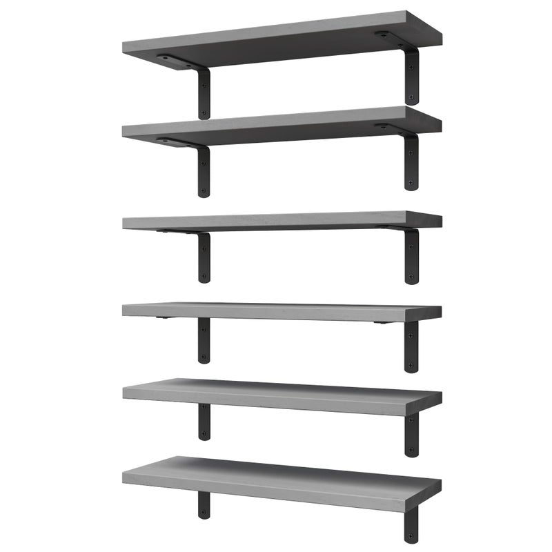 WOPITUES Wood Floating Shelves Set of 6 Shelves for Wall Decor Farmhouse Shelf for Bedroom Bathroom Storage Shelves Book Shelves for Living RoomGrey