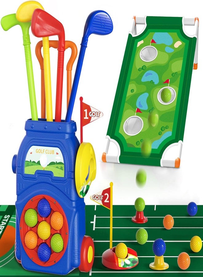 KINGTOP Toddler Golf Set with Putting Mat & Cornhole Board, Kids Golf Clubs 3-5 Years Old with 10 Balls, 4 Clubs, 2 Holes & Cart, Indoor Outdoor Toddler Sports Toys - Image 1