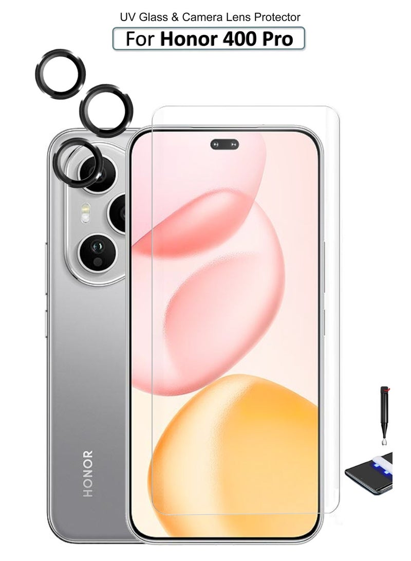For Honor 400 Pro - UV Advanced Premium Tempered Glass Screen Protector Guard And Camera Lens Protector | Full Adhesive UV Curved Case Friendly HD Clarity With Installation Kit And Scratch-Resistant HD Clarity Ultra-Thin 9H Tempered Glass with Alloy Metal & Best Camera Protection - Image 1
