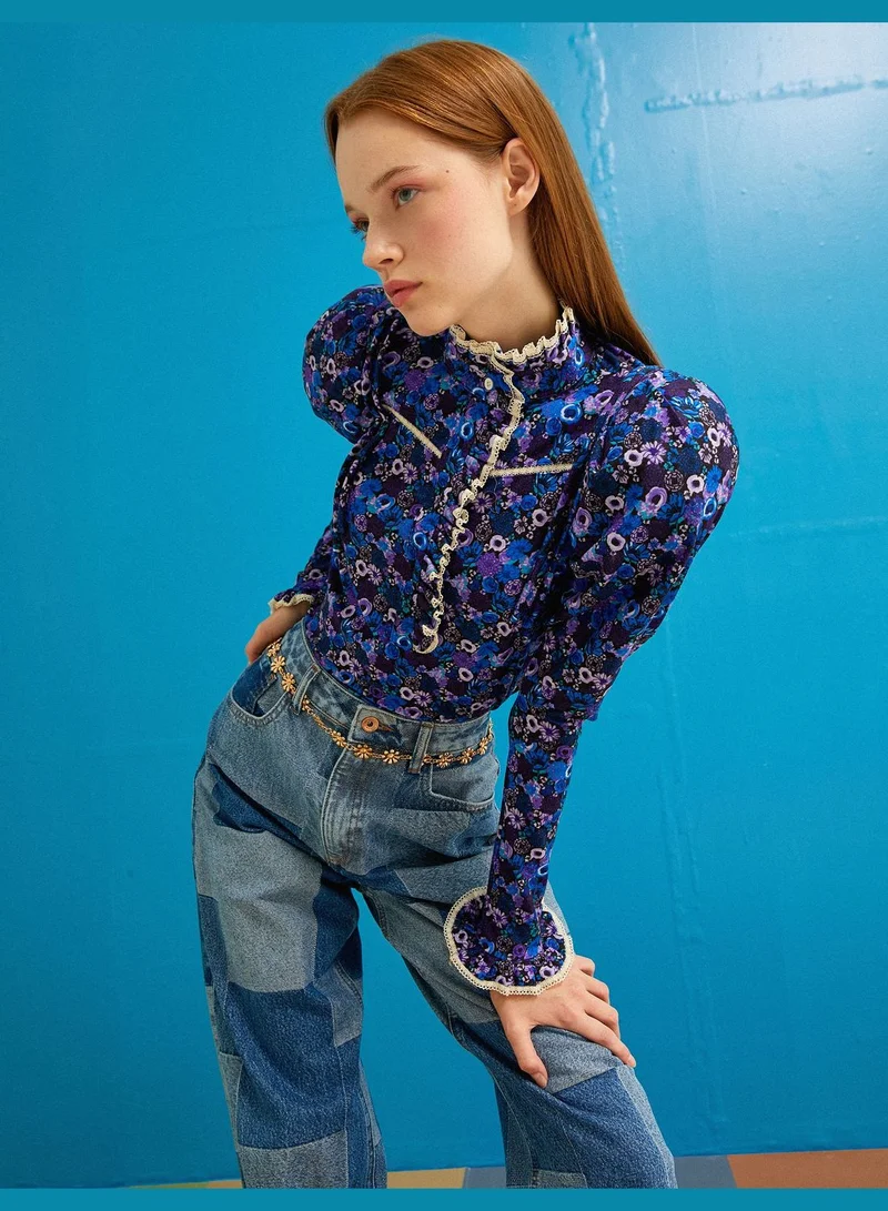 كوتون Puff Sleeve T-Shirt High Neck Lacy Detail