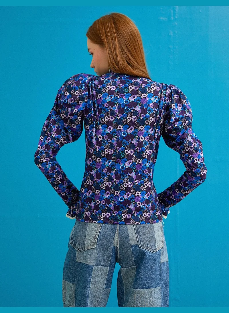 كوتون Puff Sleeve T-Shirt High Neck Lacy Detail