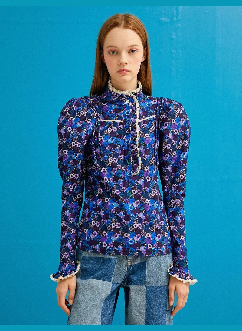 كوتون Puff Sleeve T-Shirt High Neck Lacy Detail