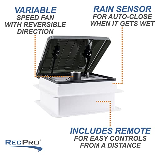 RecPro RV Roof Vent Fan Vento Deluxe 10 Speed with Rain Sensor | 12V | Remote Control | Garnish Ring Included (Smoke) - Image 2