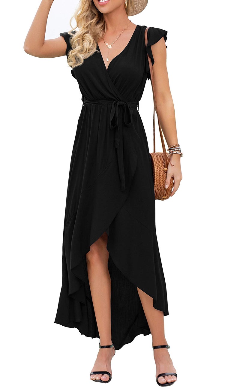 GRECERELLE Women's Summer Casual Cross V Neck Dress Bohemian Flowy Long Maxi Dress Black-Large - Image 3