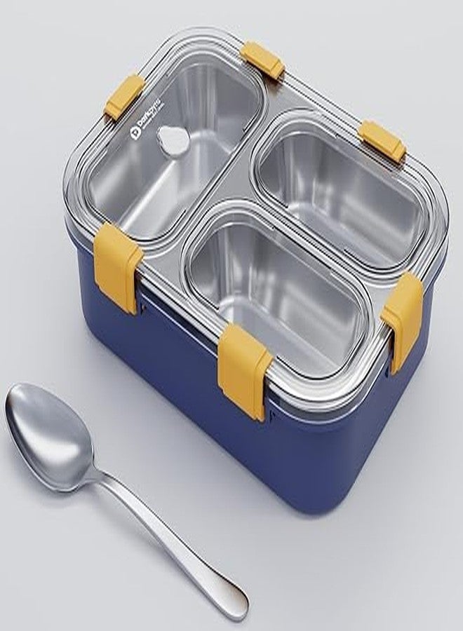 QUALIZA 3 Compartment Stainless Steel Lunch Box, Leakage Proof Lunch Box for School Kids and Adults Pack of 1 Blue,750ML - Image 1