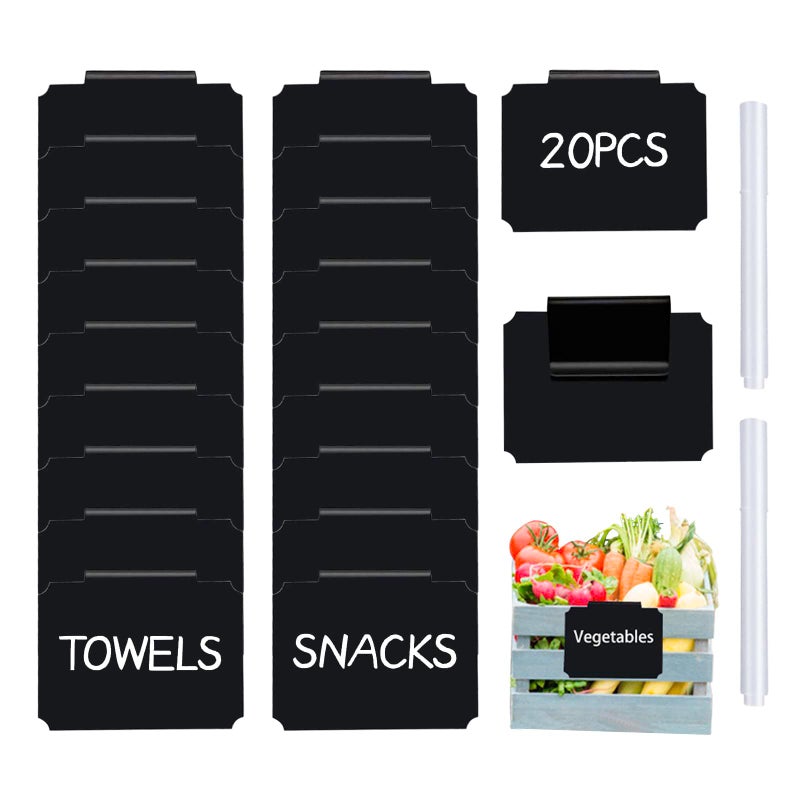 badigo 20 Basket Labels Clip On, Reusable Labels for Storage Bins, Removable Chalk Labels for Containers, Kitchen Closet Baskets and Storage Basket Holders with 2 White Chalk Markers - Image 1