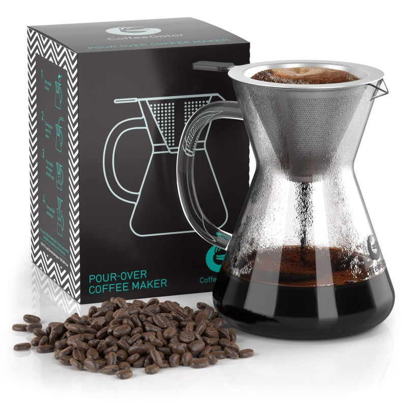 Coffee Gator Pour Over Coffee Maker - 14oz High Heat Borosilicate Glass with Reusable Stainless Steel Filter, Drip Coffee Brewer Pourover Dripper Set Carafe, 400ml Clear - Image 1