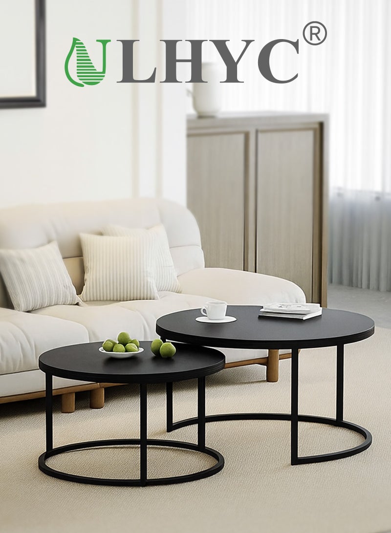 ULHYC Round Nesting Coffee Tables, Tea Drinking Tables, Modern Decorative Coffee Center Tables, Set of Two, Coffee Tables for Living Room With Sturdy Metal Frame, Black 60 cm and 80 cm - Image 1
