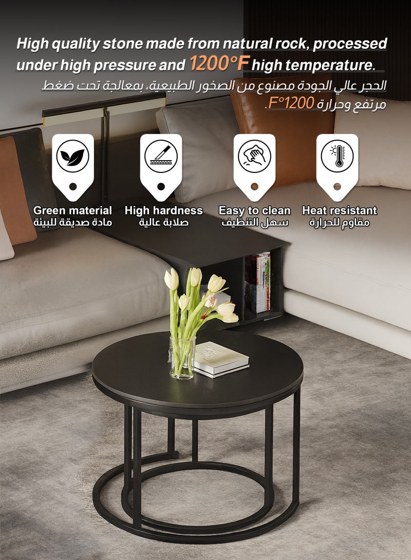 ULHYC Round Nesting Coffee Tables, Tea Drinking Tables, Modern Decorative Coffee Center Tables, Set of Two, Coffee Tables for Living Room With Sturdy Metal Frame, Black 60 cm and 80 cm - Image 5