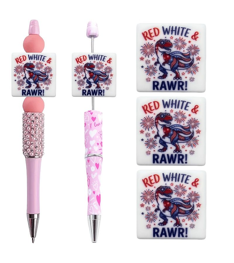 6 Pcs Independence Day Theme Silicone Beads Dinosaur Rawr Slogan DIY Pen Charms Fun Gift Idea Bracelet Lanyard Decorative Beads Beaded Pen Focal Beads For Bracelet Necklace Lanyard Making Summer Jewelry Accessories - Image 1