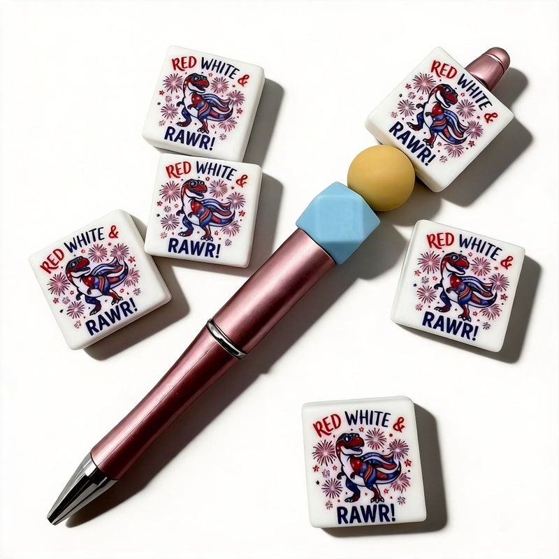 6 Pcs Independence Day Theme Silicone Beads Dinosaur Rawr Slogan DIY Pen Charms Fun Gift Idea Bracelet Lanyard Decorative Beads Beaded Pen Focal Beads For Bracelet Necklace Lanyard Making Summer Jewelry Accessories - Image 2