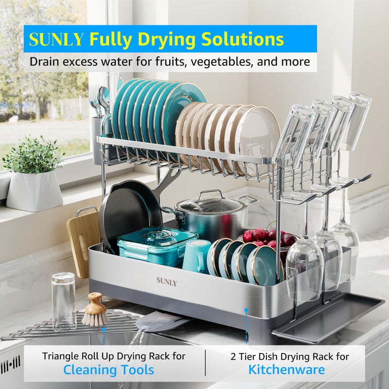 SUNLY Large Dish Drying Rack, Multipurpose 2 Tier Dish Racks for Kitchen Counter, 304 Stainless, Extra Large Drain Board, Gray - Image 2