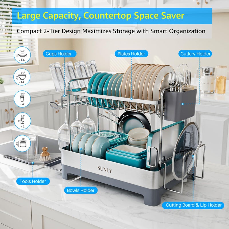SUNLY Large Dish Drying Rack, Multipurpose 2 Tier Dish Racks for Kitchen Counter, 304 Stainless, Extra Large Drain Board, Gray - Image 3