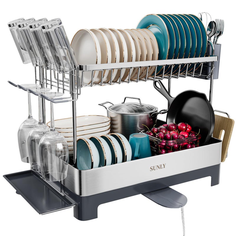 SUNLY Large Dish Drying Rack, Multipurpose 2 Tier Dish Racks for Kitchen Counter, 304 Stainless, Extra Large Drain Board, Gray - Image 1