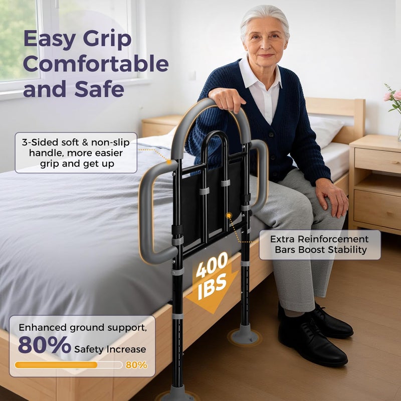 EASYVAVA Bed Rails for Elderly Adults Safety, Adjustable Bed Assist Rail - Portable Bed Cane Supports 400 Lbs,ASTM Approved Bedside Safety & Stability for Seniors,for Bed Frames 14.57"-20.67" - Image 3