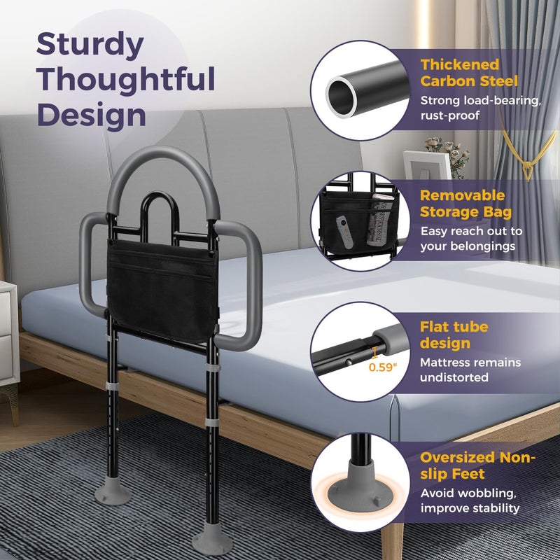 EASYVAVA Bed Rails for Elderly Adults Safety, Adjustable Bed Assist Rail - Portable Bed Cane Supports 400 Lbs,ASTM Approved Bedside Safety & Stability for Seniors,for Bed Frames 14.57"-20.67" - Image 4
