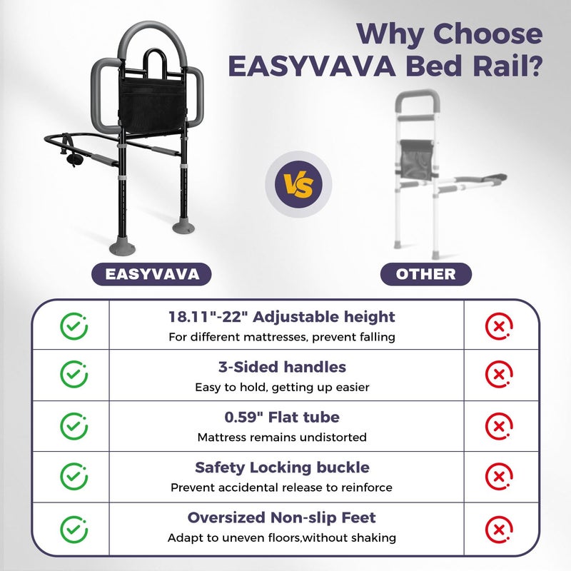 EASYVAVA Bed Rails for Elderly Adults Safety, Adjustable Bed Assist Rail - Portable Bed Cane Supports 400 Lbs,ASTM Approved Bedside Safety & Stability for Seniors,for Bed Frames 14.57"-20.67" - Image 5