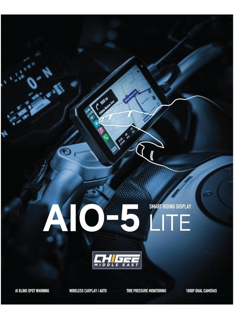 Chigee AIO-5 Lite: 5-inch waterproof motorcycle smart riding system, Bright display, Bluetooth 5.0, 5G Wi-Fi, STARVIS HDR 5" LCD, IP67, Radar Warning, Lane Assist, and Blind Spot Detection. - Image 2