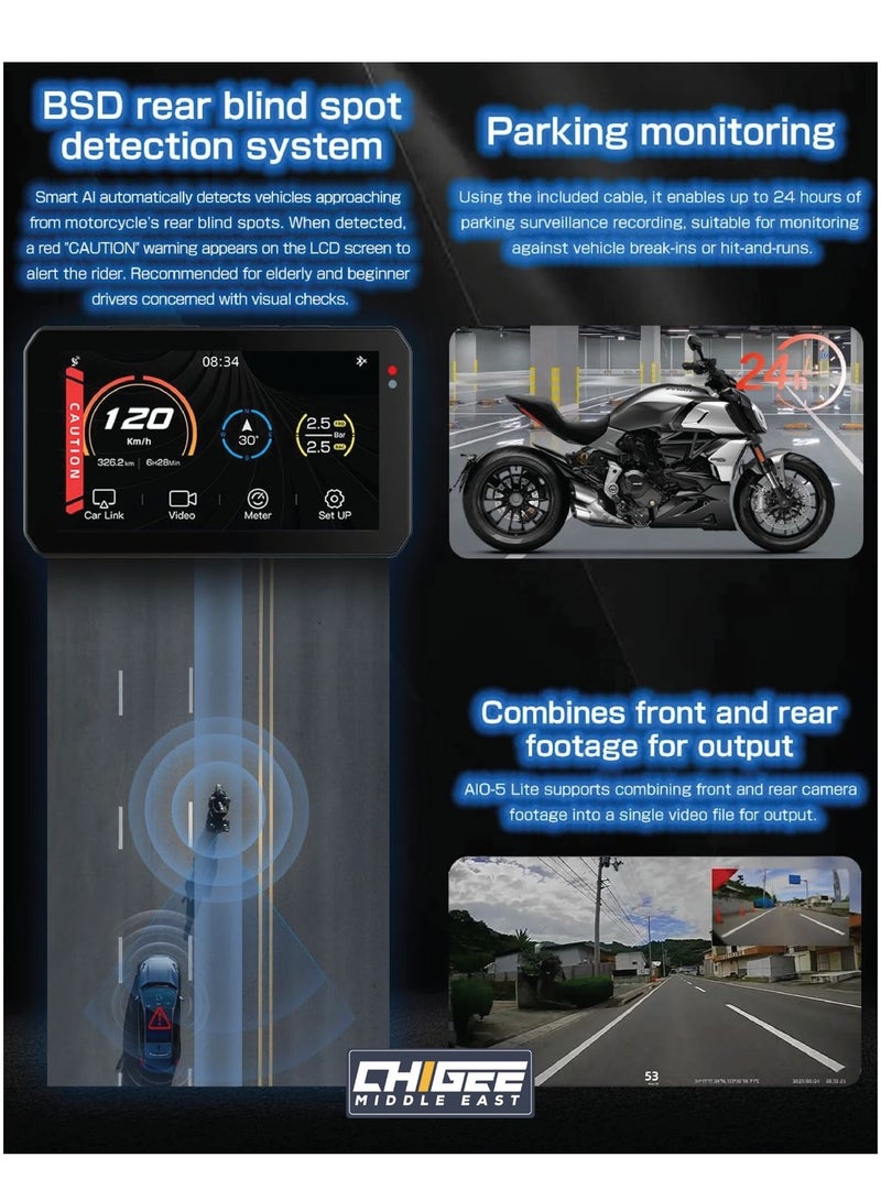 Chigee AIO-5 Lite: 5-inch waterproof motorcycle smart riding system, Bright display, Bluetooth 5.0, 5G Wi-Fi, STARVIS HDR 5" LCD, IP67, Radar Warning, Lane Assist, and Blind Spot Detection. - Image 3