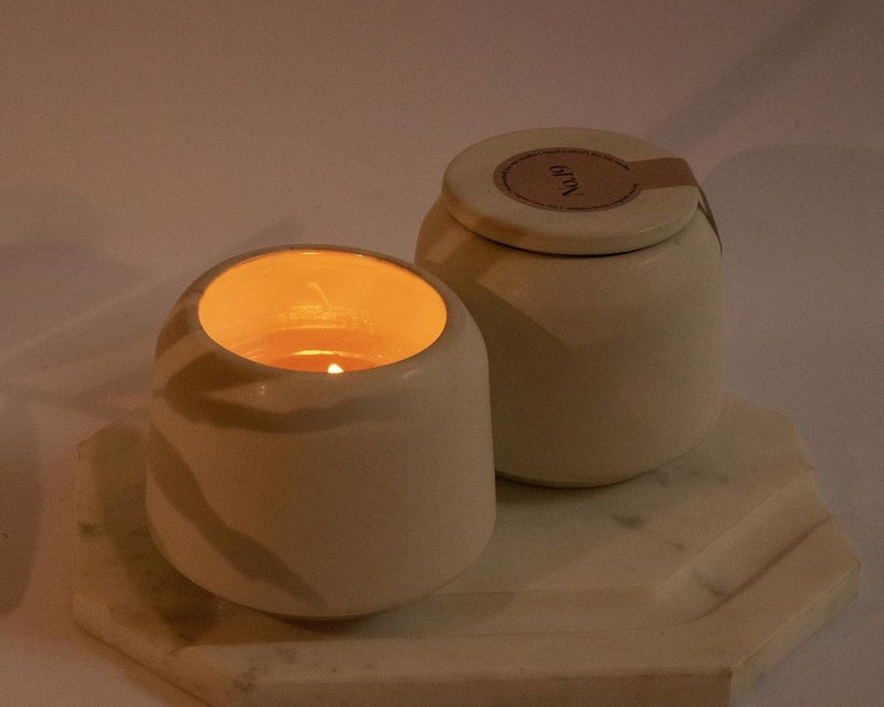 UNLOCKEDSTUDIO LLP No19 Unisex Coffee Table Candle Tobacco Cigar Caramel Vanilla Patchouli Scent HandPoured Soy Wax with Wooden Wick 4050 Hours Burn Time Vegan Artisanal Ceramic Mold