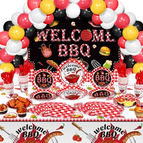 Capoda 165 Pcs BBQ Party Decorations Picnic Party Decors BBQ Background Cloth with Rope Picnic Plastic Tablecloth Barbecue Tableware Supplies Set for Summer Birthday Baby Shower Parties - Image 1