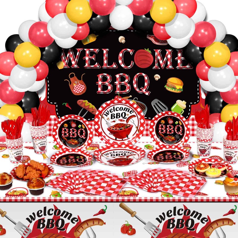 Capoda 165 Pcs BBQ Party Decorations Picnic Party Decors BBQ Background Cloth with Rope Picnic Plastic Tablecloth Barbecue Tableware Supplies Set for Summer Birthday Baby Shower Parties - Image 2