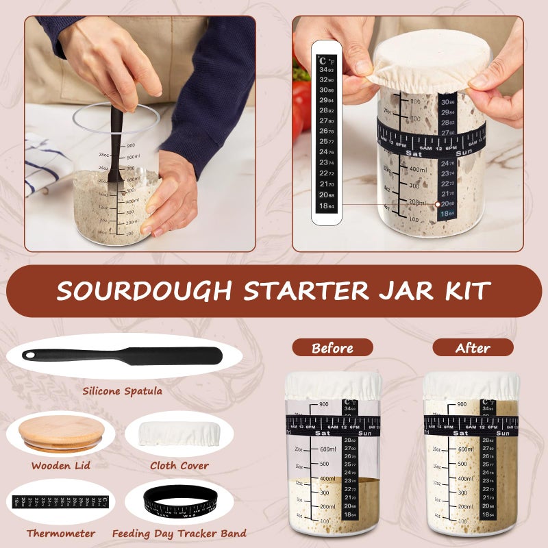 EWFEN Sourdough Starter Kit with Enamel Cast Iron Pot, Complete Sourdough Bread Baking Supplies, Round & Oval Bread Proofing Basket with 34 Oz Starter Jar, Bread Making Tools Kit - Image 5