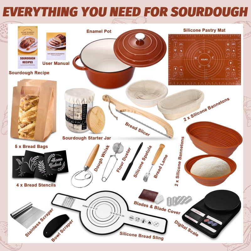 EWFEN Sourdough Starter Kit with Enamel Cast Iron Pot, Complete Sourdough Bread Baking Supplies, Round & Oval Bread Proofing Basket with 34 Oz Starter Jar, Bread Making Tools Kit - Image 2