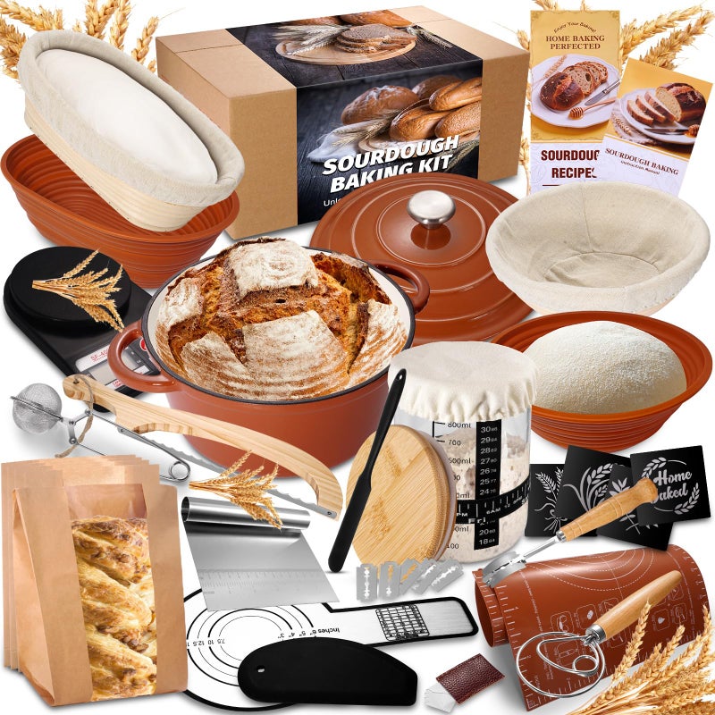EWFEN Sourdough Starter Kit with Enamel Cast Iron Pot, Complete Sourdough Bread Baking Supplies, Round & Oval Bread Proofing Basket with 34 Oz Starter Jar, Bread Making Tools Kit - Image 1